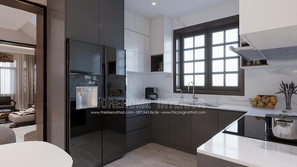 Thiết kế nội thất phòng bếp hiện đại với tông màu đối xứng kết hợp Nội thất phòng bếp gỗ công nghiệp