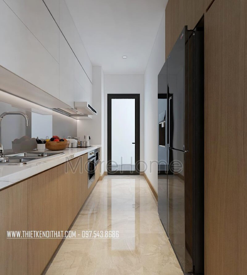 Thiết kế nội thất phòng bếp chung cư hiện đại với đồ nội thất thông minh Nội thất phòng bếp gỗ công nghiệp