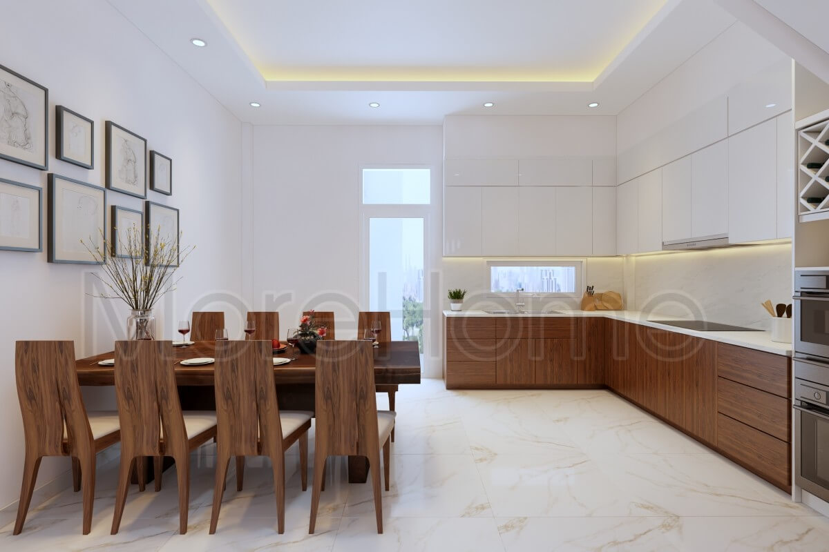 Mẫu tủ bếp thiết kế chữ L, gỗ công nghiệp với gam màu đồng nhất với nội thất âm tường tiết kiệm được không gian mà không kém phần sang trọng Thiết kế tủ bếp nhà phố sang trọng