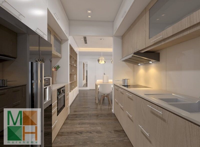 Thiết kế phòng bếp chung cư hiện đại với hệ tủ bếp gỗ công nghiệp hiện đại,thông minh