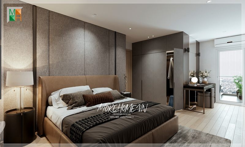 Phòng ngủ căn hộ trang trí nội thất hiện đại tiện lợi đối với không gian không quá rộng nhưng vẫn đáp ứng đầy đủ mục đích sử dụng của gia chủ.