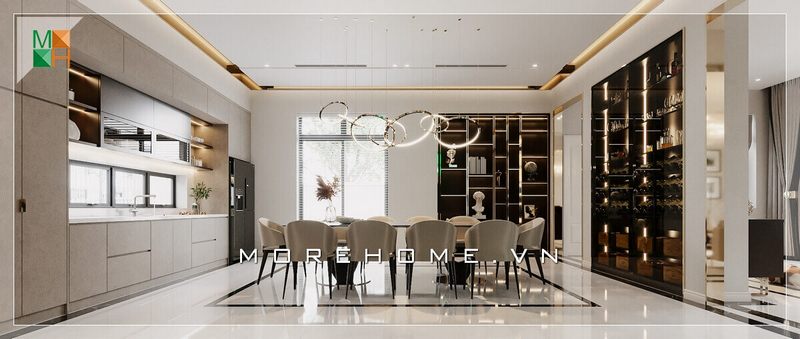 Mẫu thiết kế phòng ăn gần bếp có sự ấn tượng và tiện nghi rất cao.